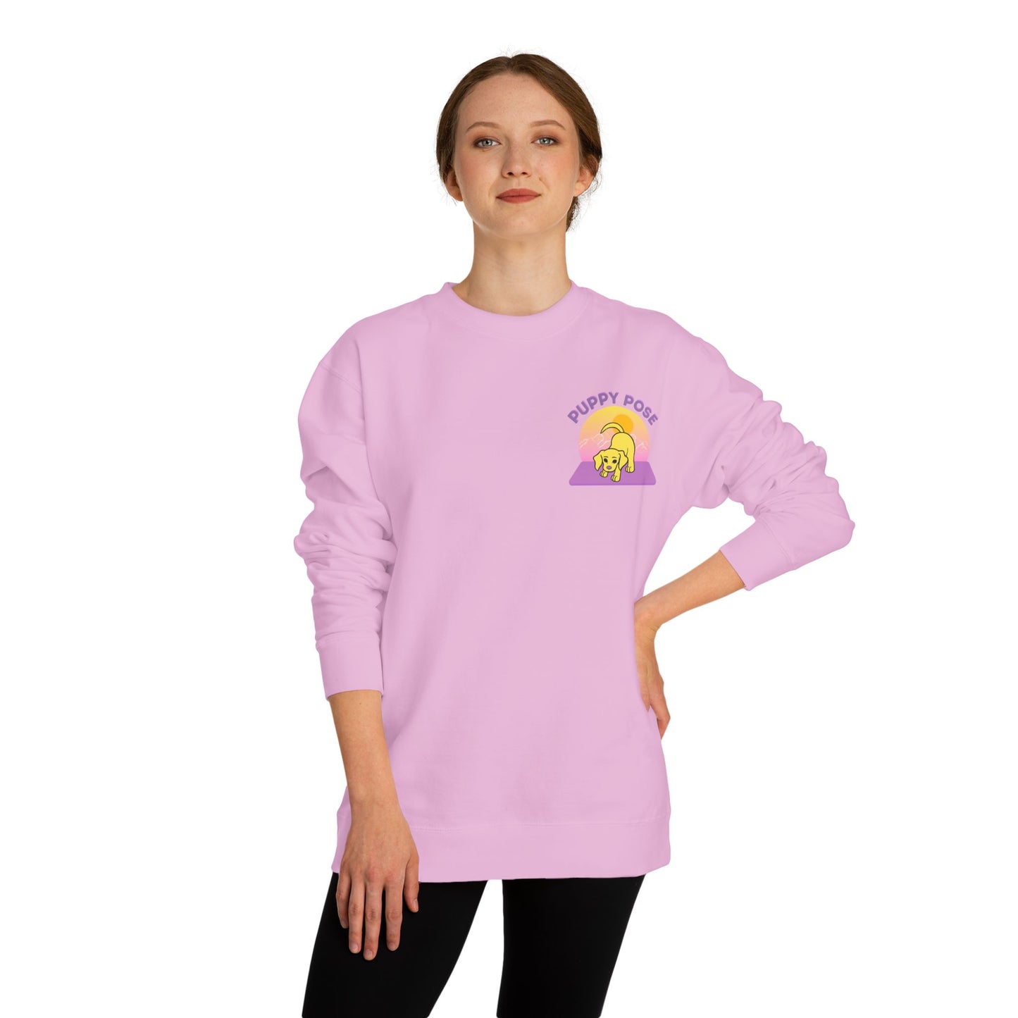Puppy Pose Mountain Sunset Rescue Puppy Yoga Crewneck Sweatshirt