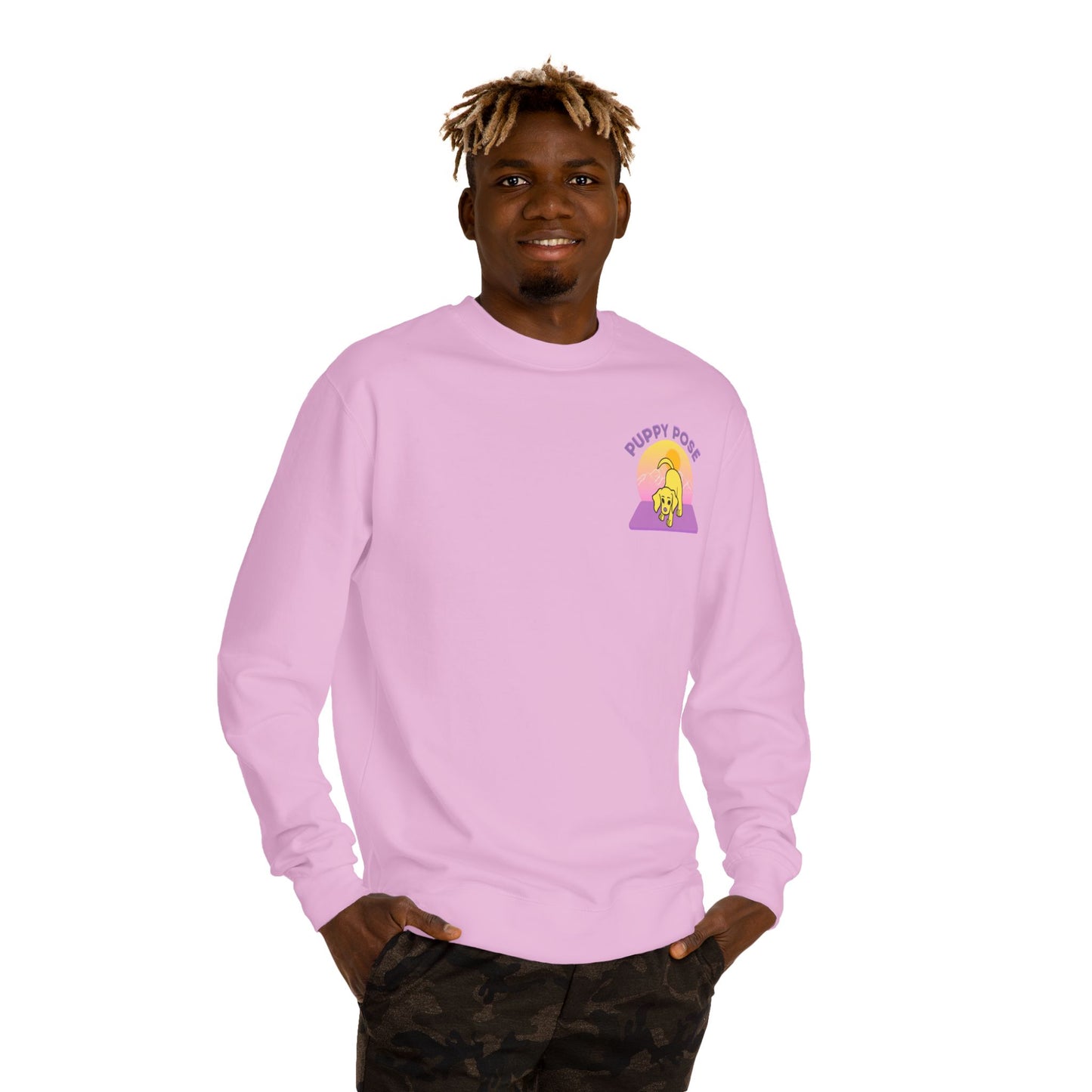 Puppy Pose Mountain Sunset Rescue Puppy Yoga Crewneck Sweatshirt
