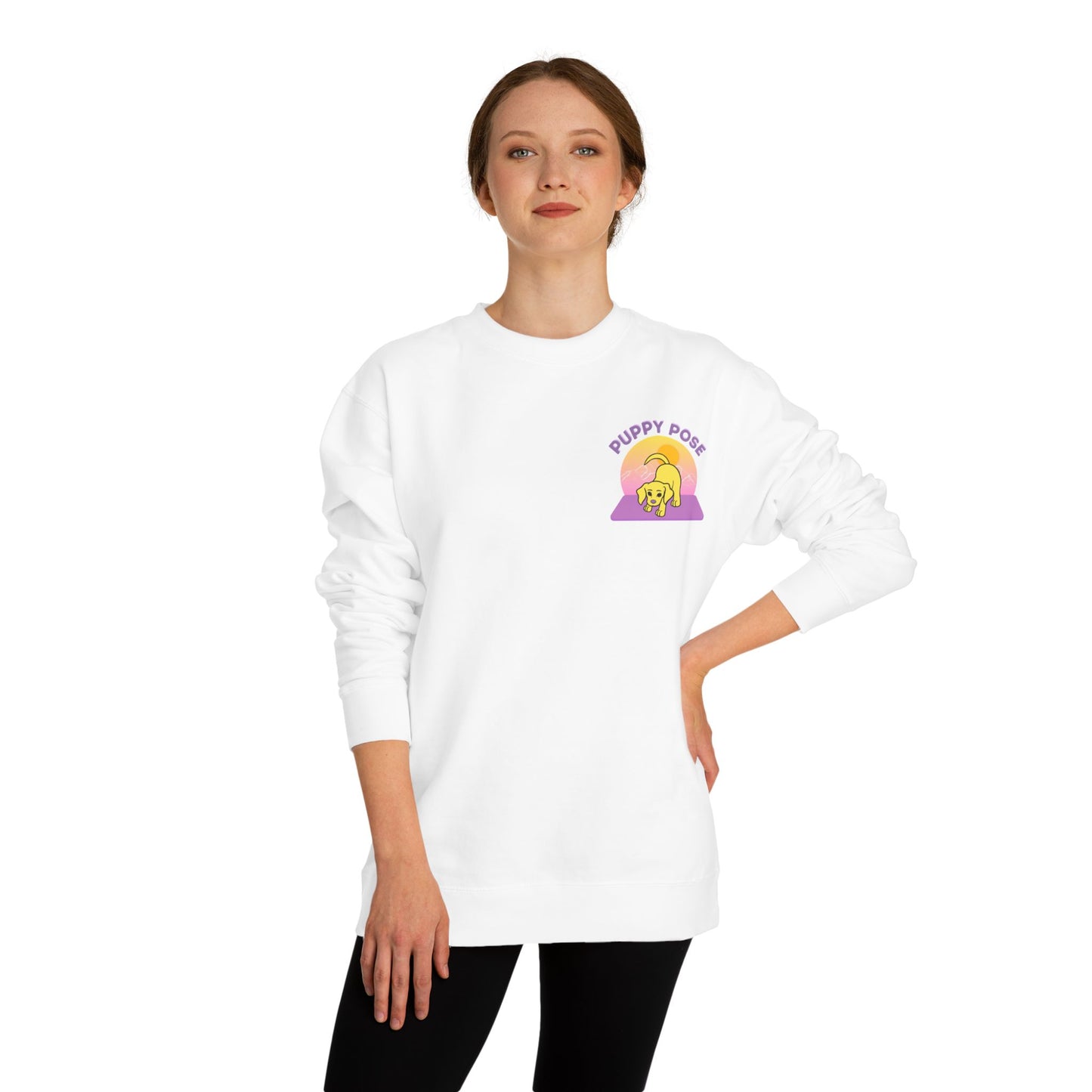 Puppy Pose Mountain Sunset Rescue Puppy Yoga Crewneck Sweatshirt