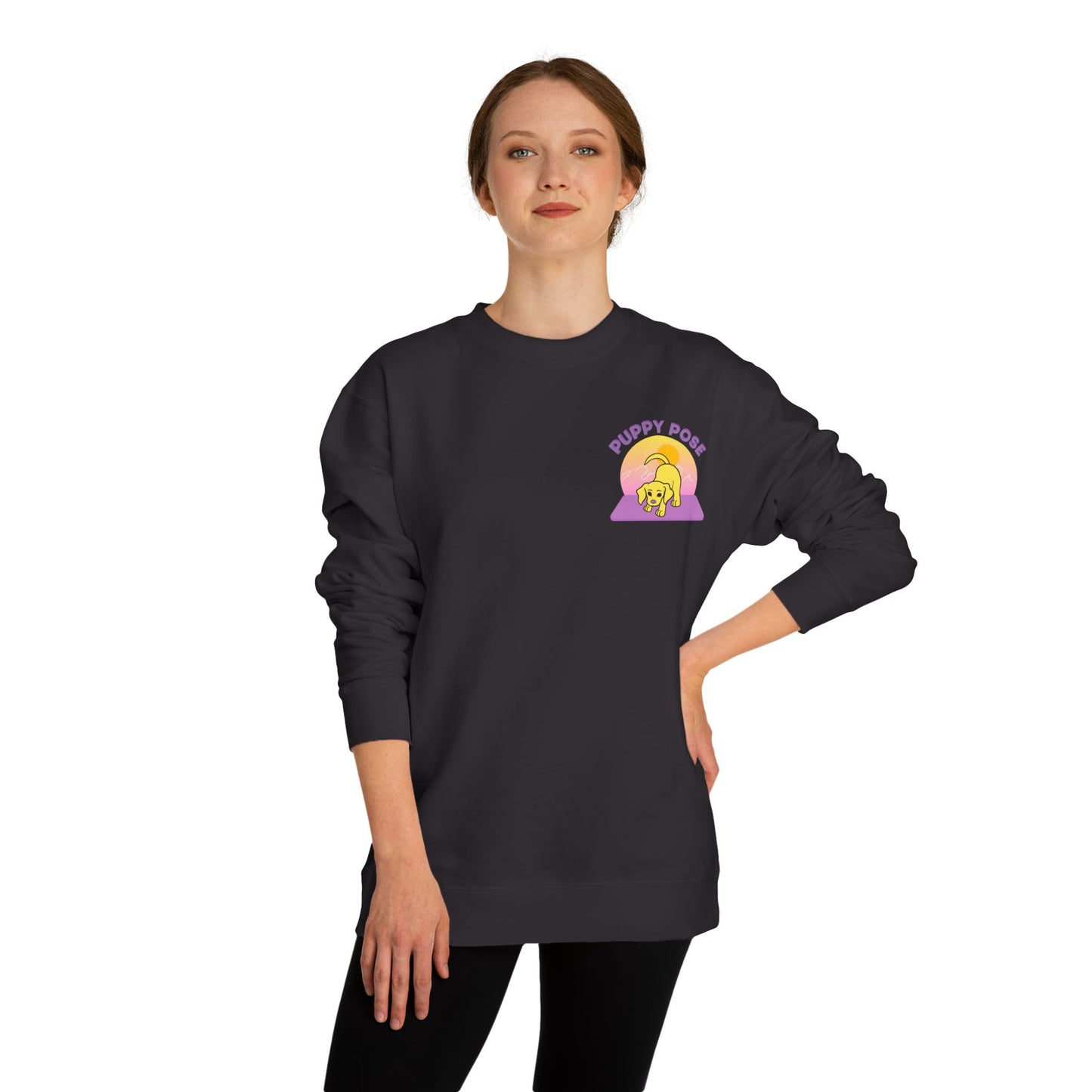 Puppy Pose Mountain Sunset Rescue Puppy Yoga Crewneck Sweatshirt
