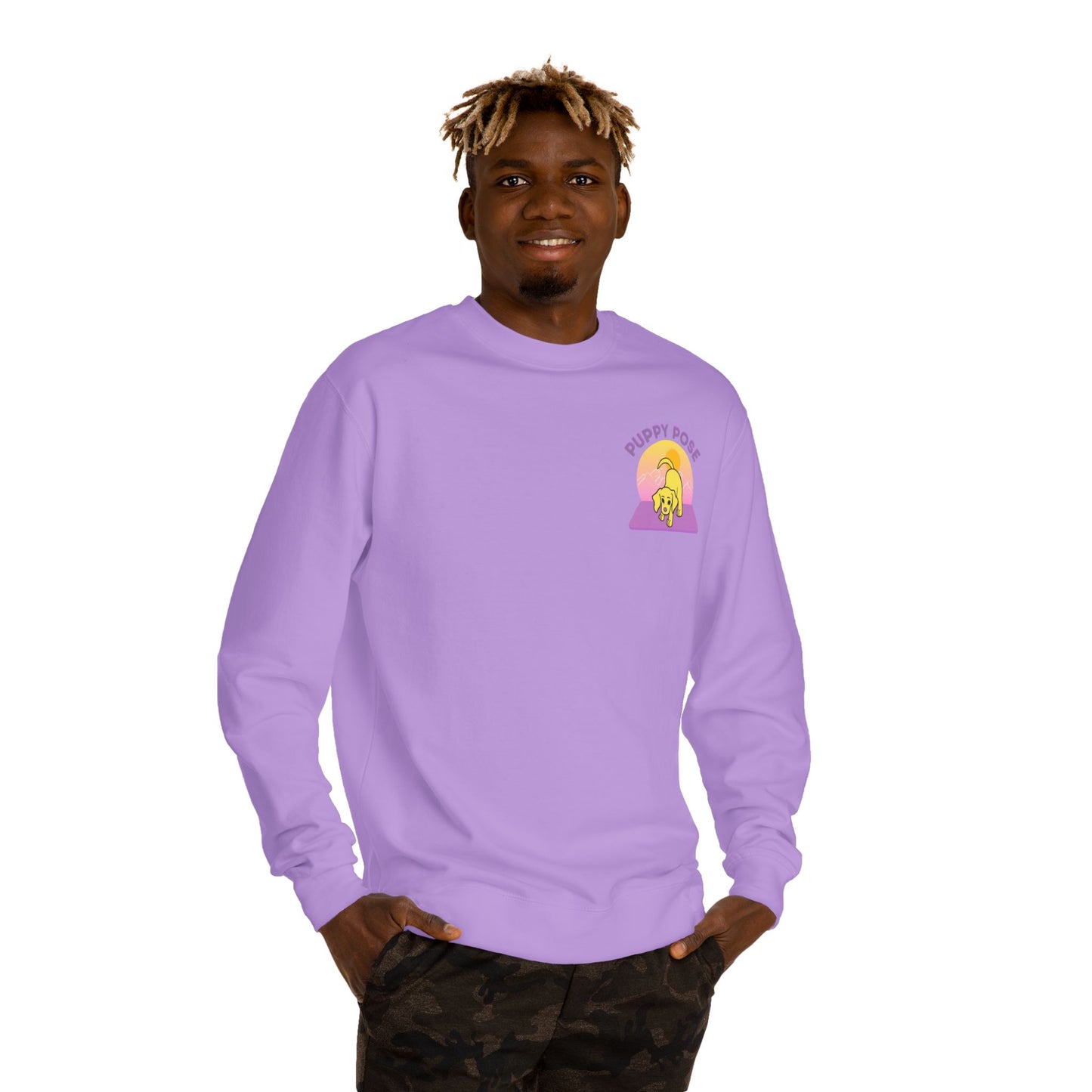 Puppy Pose Mountain Sunset Rescue Puppy Yoga Crewneck Sweatshirt