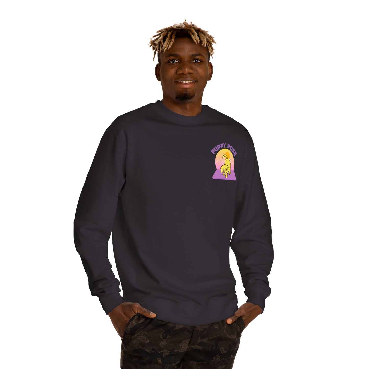 Puppy Pose Mountain Sunset Rescue Puppy Yoga Crewneck Sweatshirt