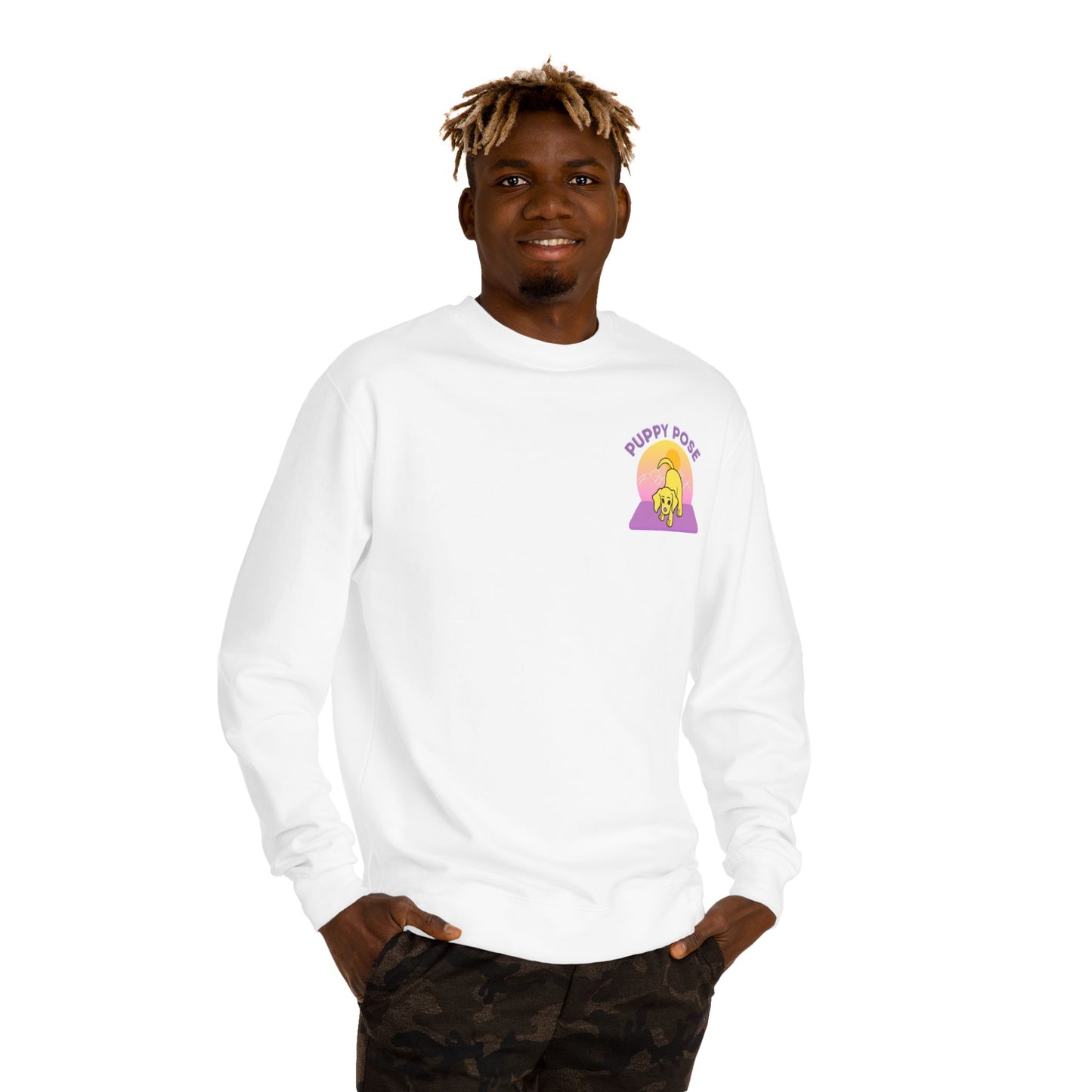 Puppy Pose Mountain Sunset Rescue Puppy Yoga Crewneck Sweatshirt