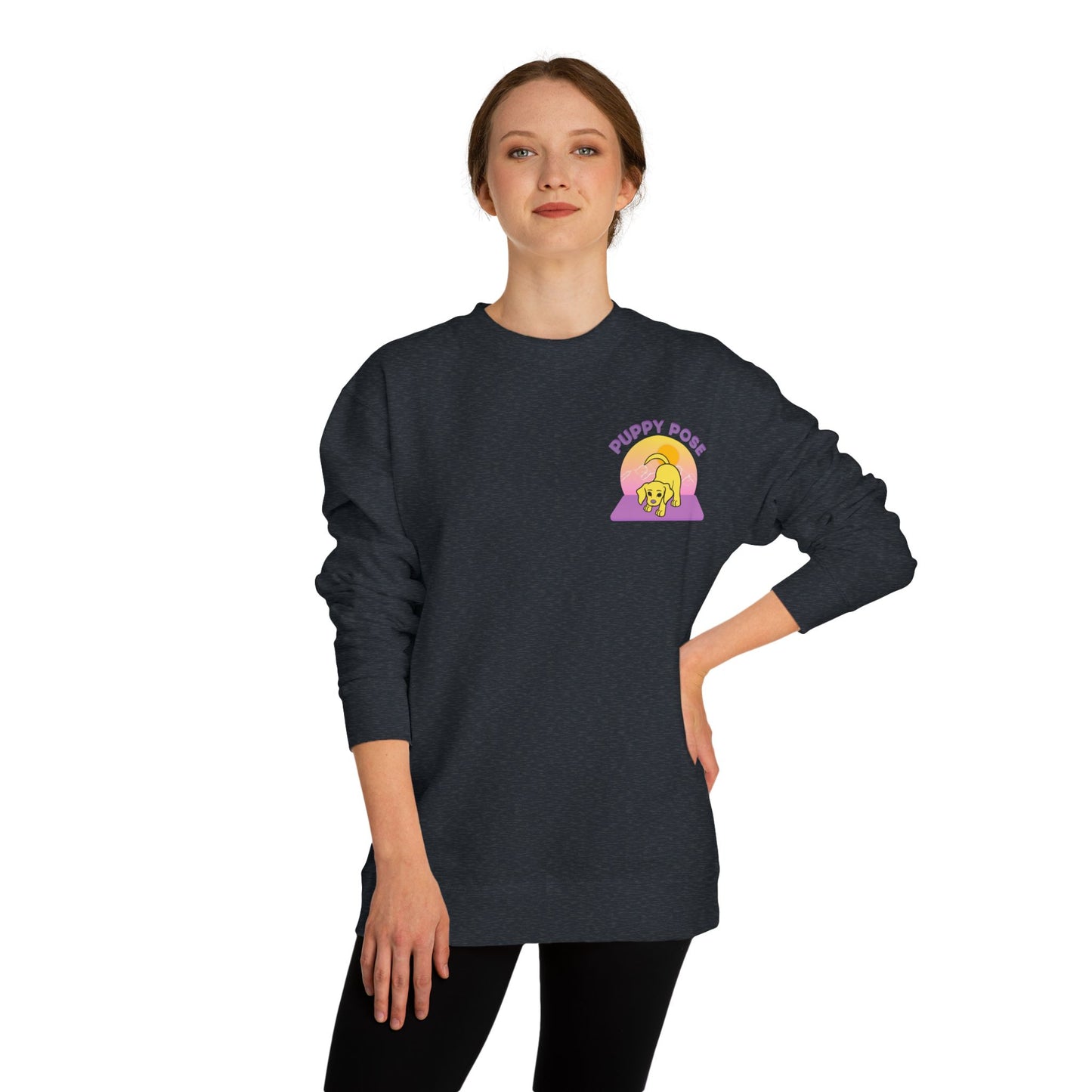 Puppy Pose Mountain Sunset Rescue Puppy Yoga Crewneck Sweatshirt