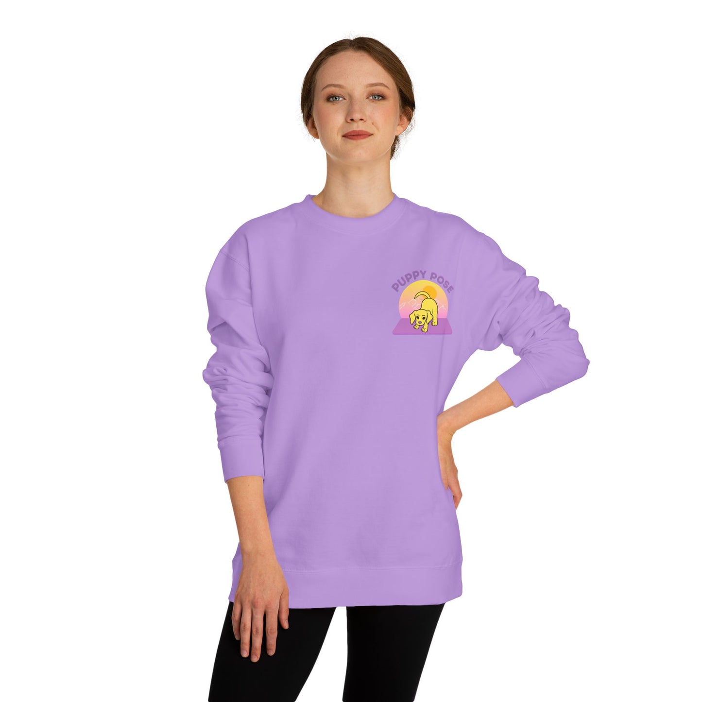 Puppy Pose Mountain Sunset Rescue Puppy Yoga Crewneck Sweatshirt