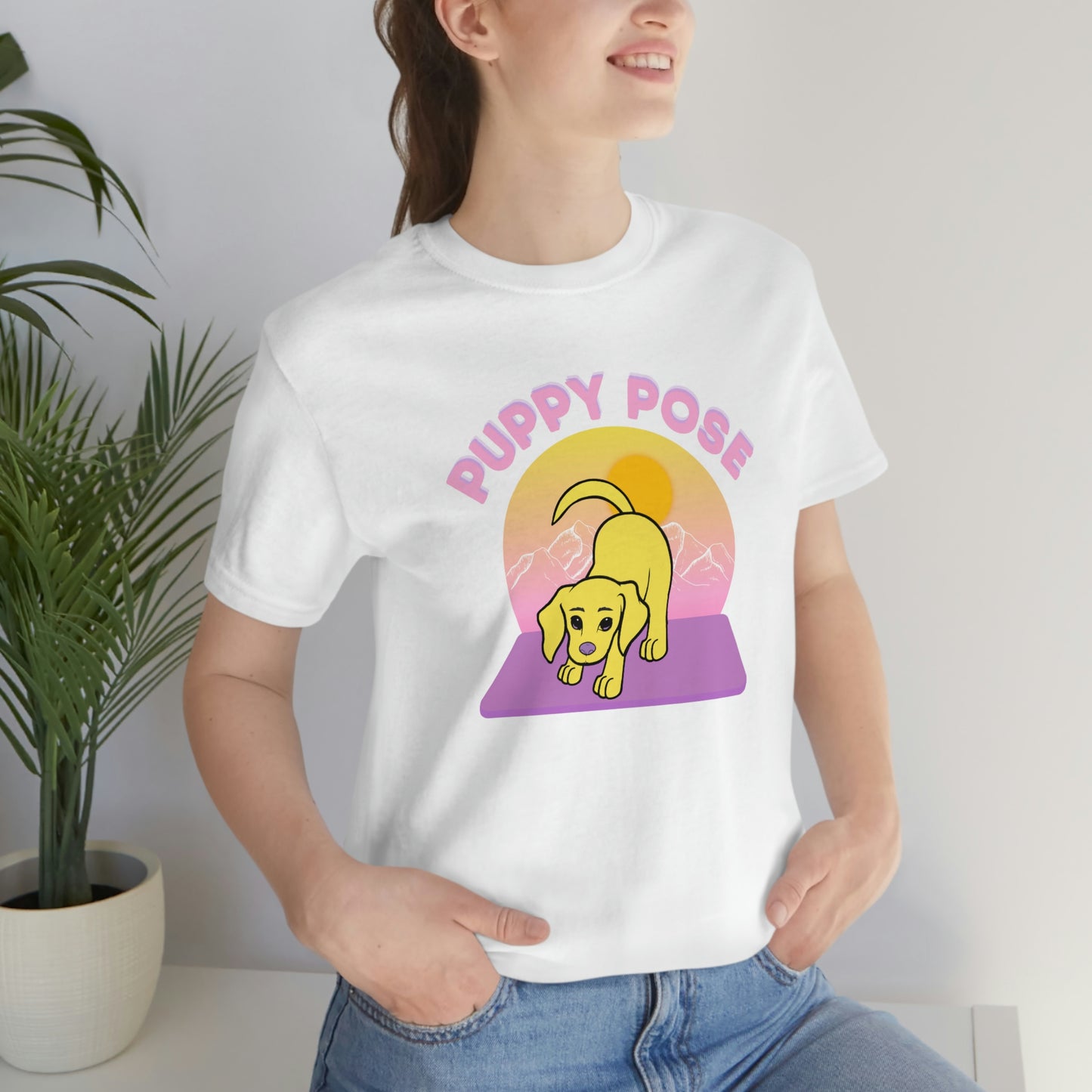 Puppy Pose with Yogi the Rescue Puppy Yoga Mascot Mountain Seen Unisex Classic Tee