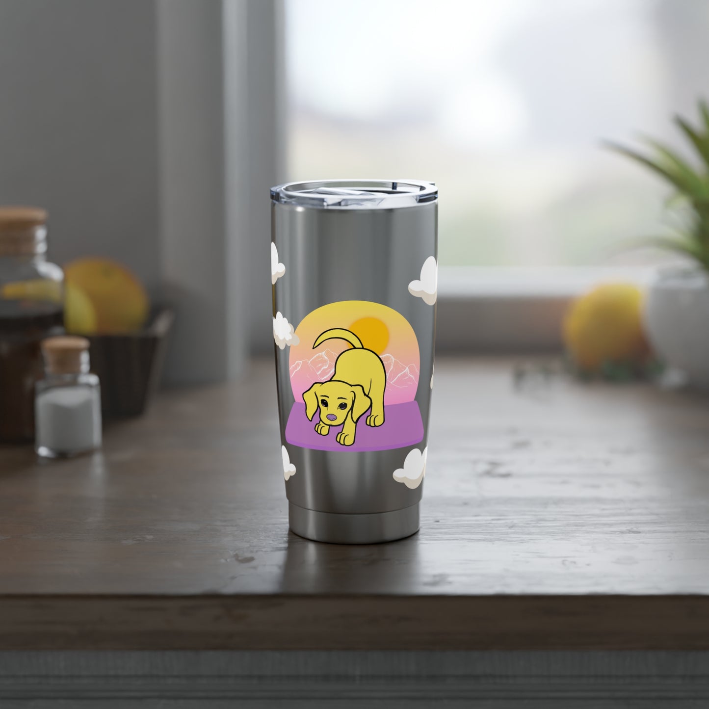 Puppy Yogi with Yogi in the Clouds Metal Drink Tumbler Travel Coffee Cup