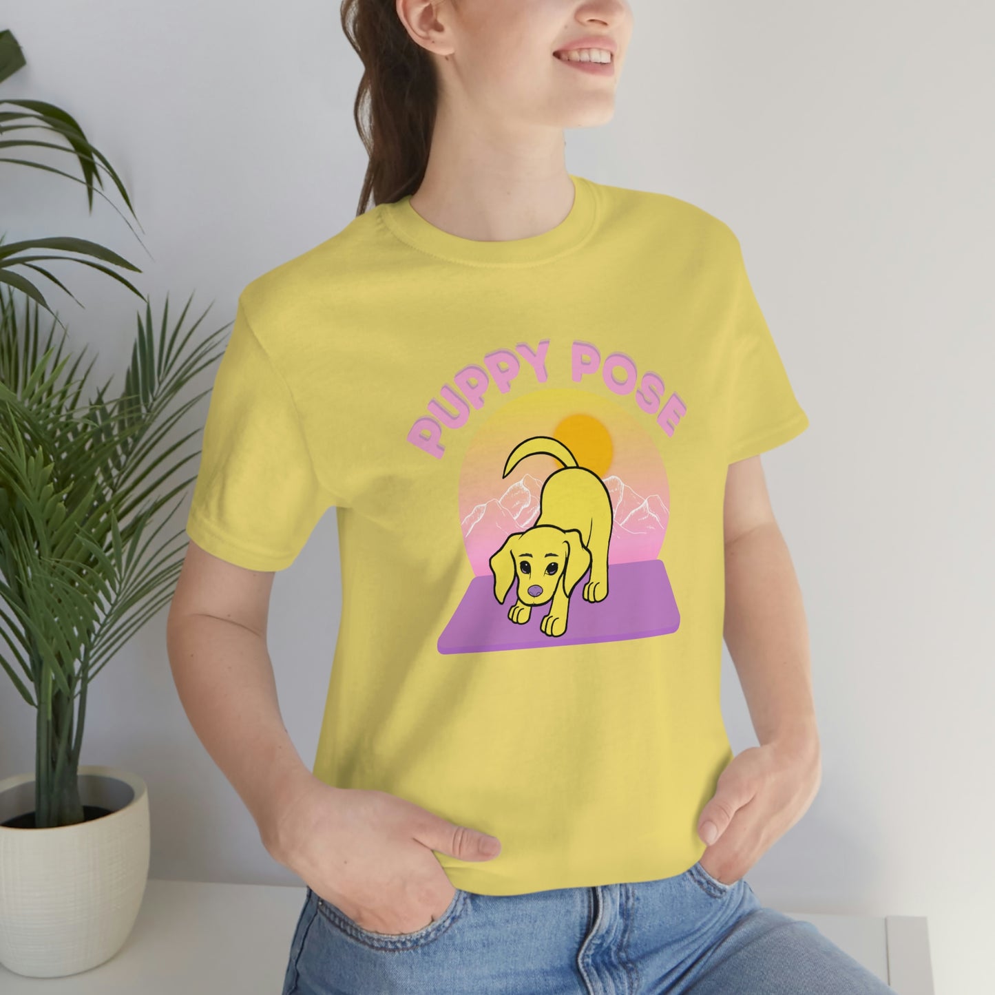 Puppy Pose with Yogi the Rescue Puppy Yoga Mascot Mountain Seen Unisex Classic Tee