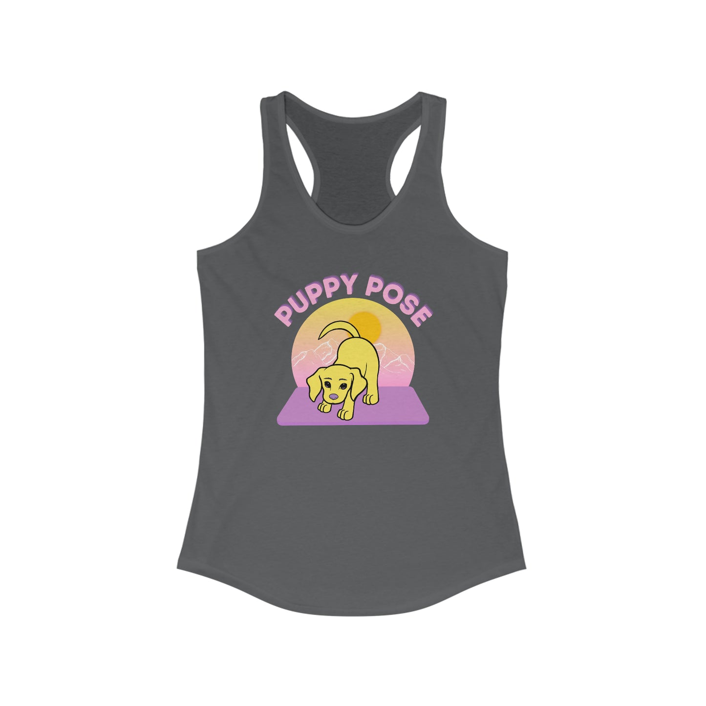 Puppy Pose with Yogi the Rescue Puppy Yoga Mascot Mountain Seen Women’s Tank Top