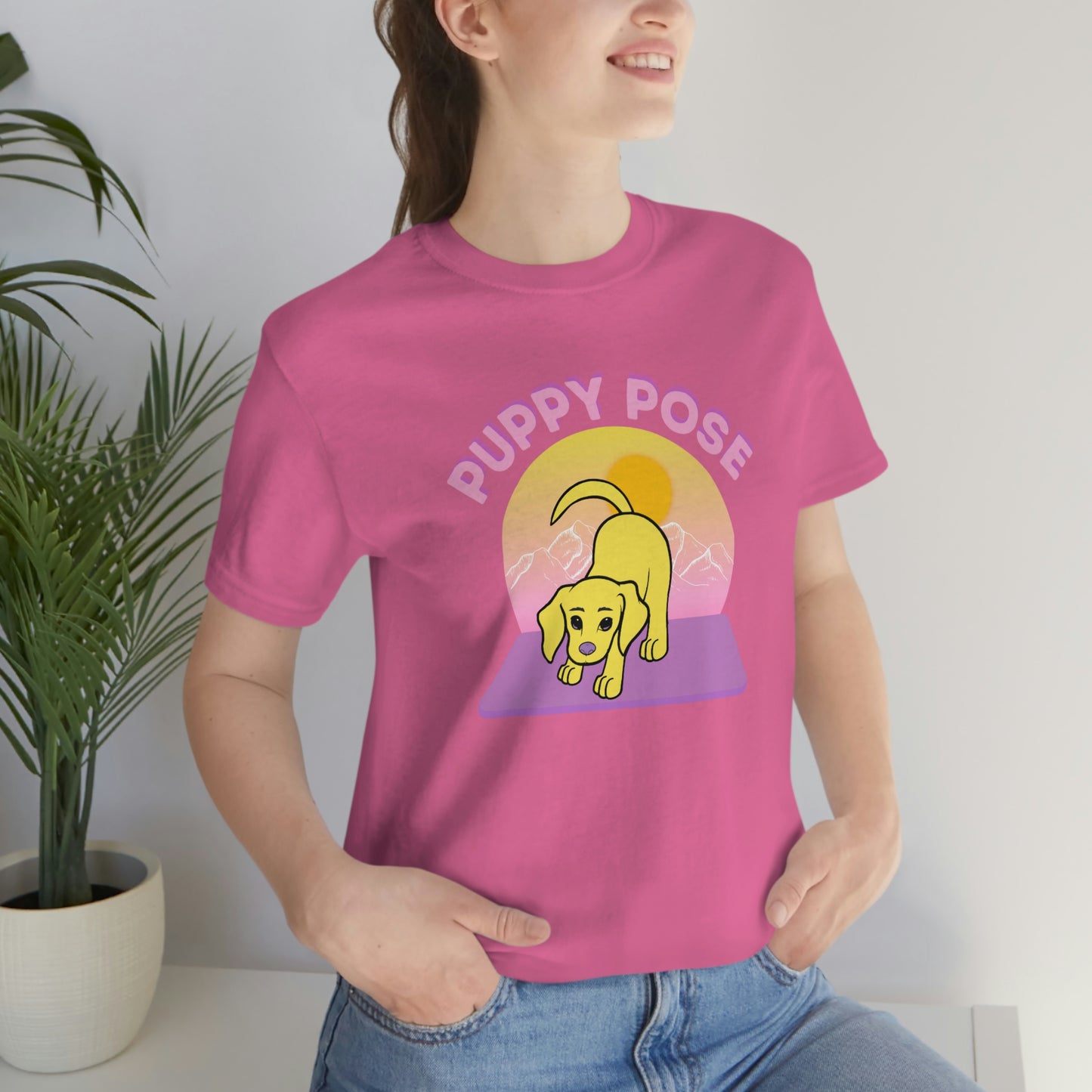 Puppy Pose with Yogi the Rescue Puppy Yoga Mascot Mountain Seen Unisex Classic Tee