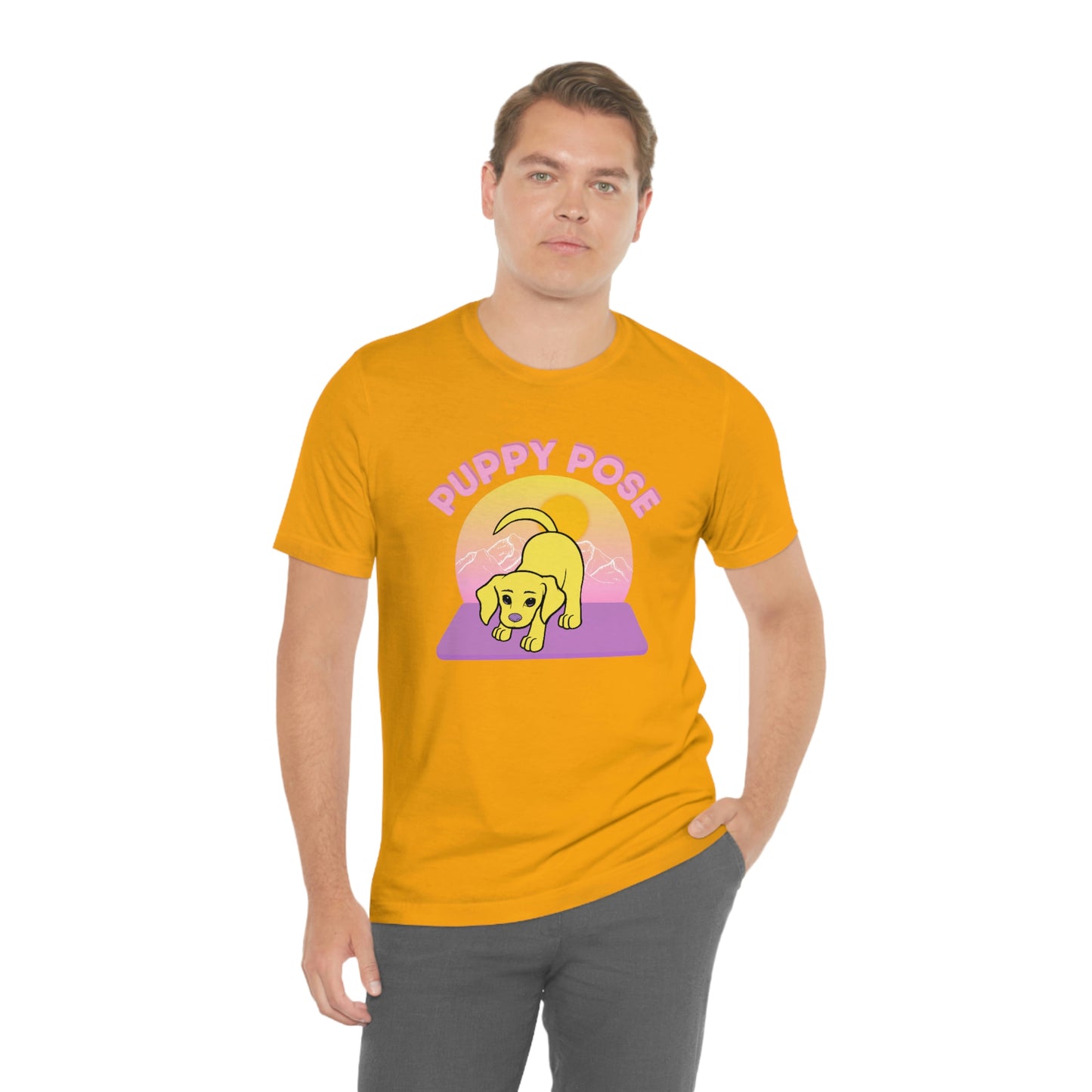 Puppy Pose with Yogi the Rescue Puppy Yoga Mascot Mountain Seen Unisex Classic Tee